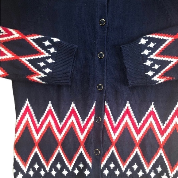 Tommy Hilfiger Navy Red Zigzag Cardigan Sweater L Button Up SOFT Argyle Fall - Picture 2 of 6